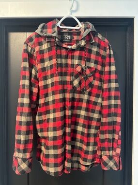 Simons Red Black Cream Plaid Button-Down Shirt with Hood